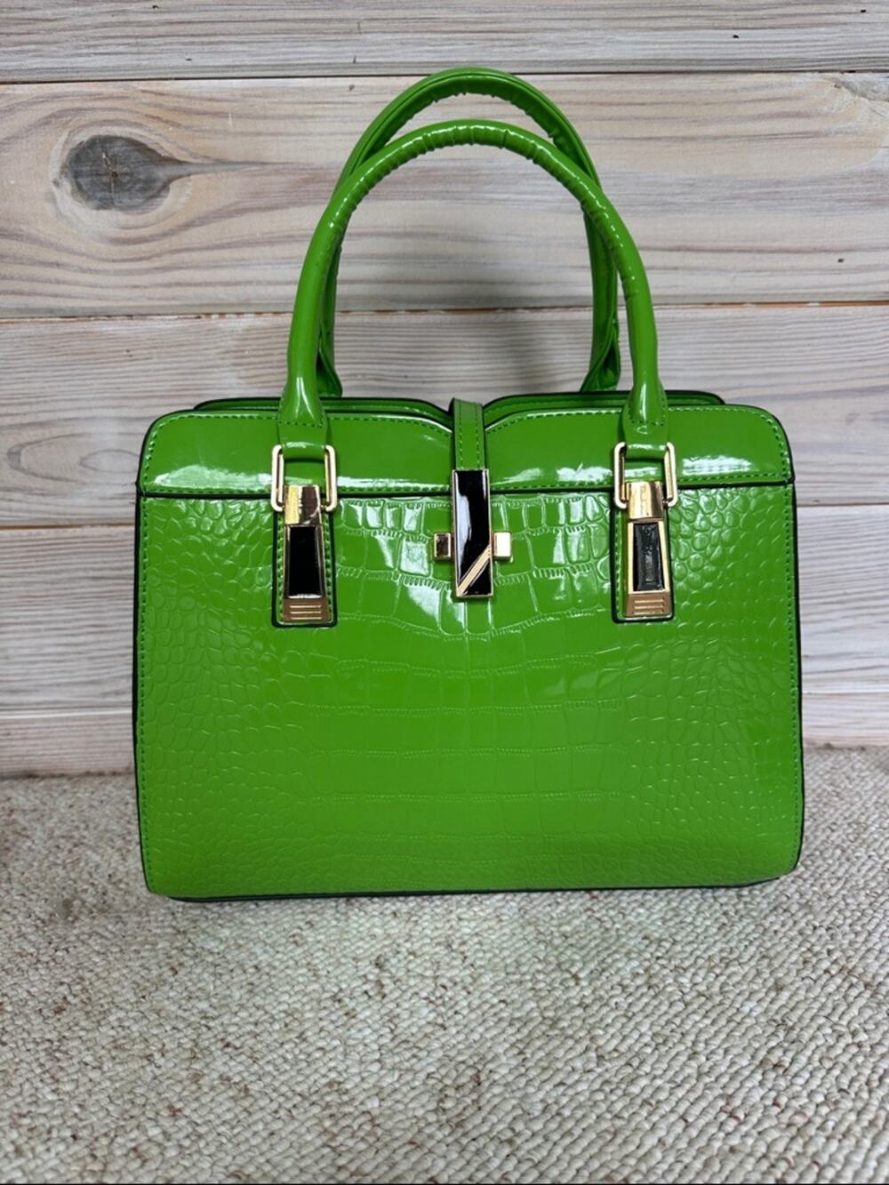Women'S One-Shoulder Messenger Bag Green Patent Croc-Embossed Handbag